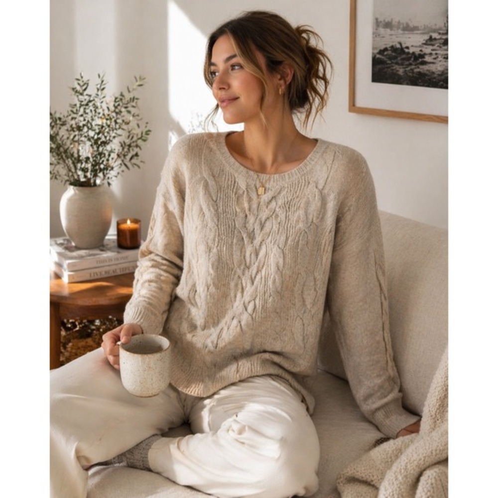 Cyrus‎ Cable Knit Sweater Womens Large Beige Cream Crew Neck Cozy Pullover
